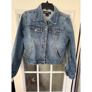 Express Jeans Blue Denim Button Cropped Pockets Casual Jacket med